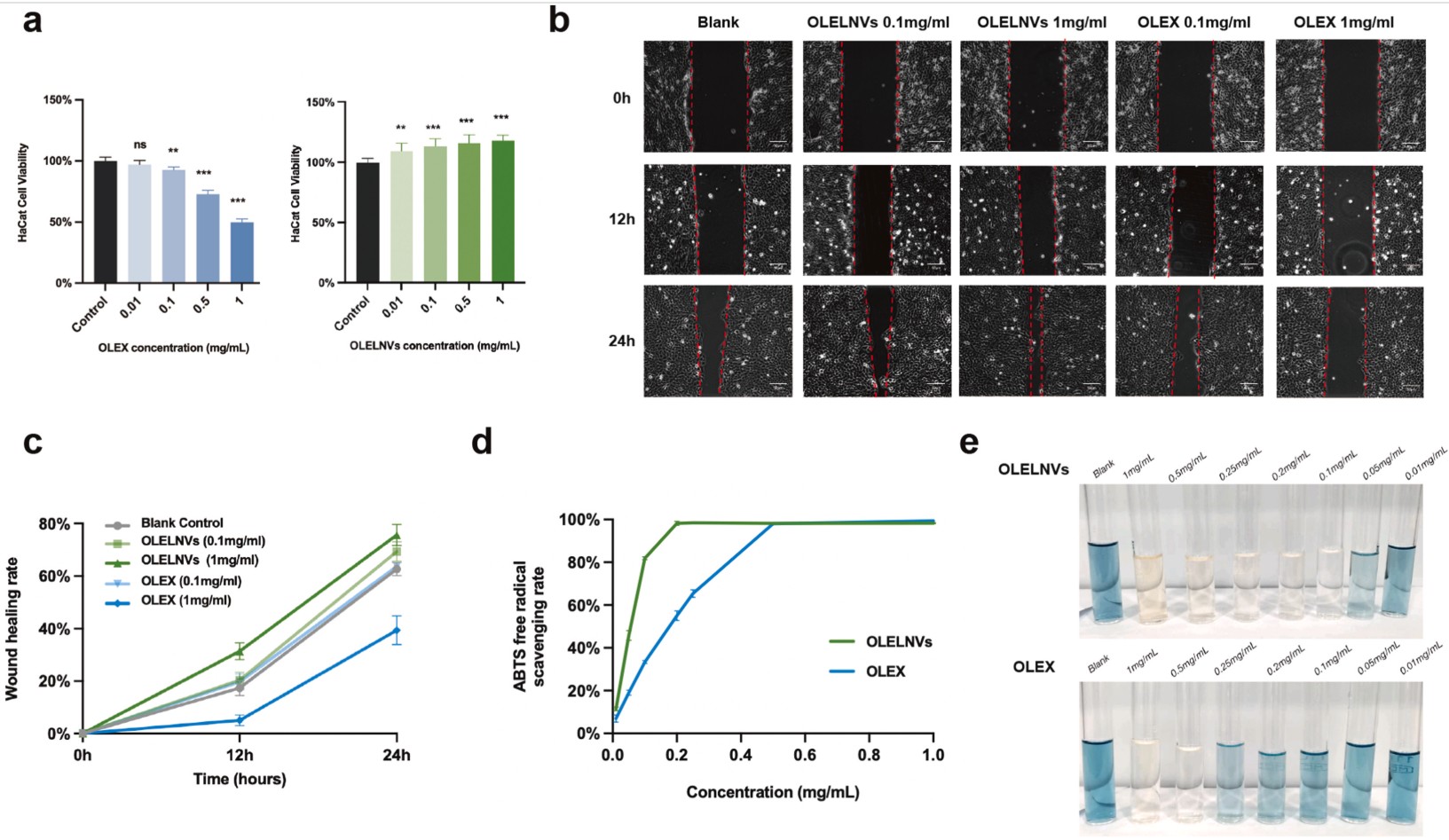 OLELNVs improve HaCaT proliferation, wound healing, and ABTS radical scavenging compared to OLEX.